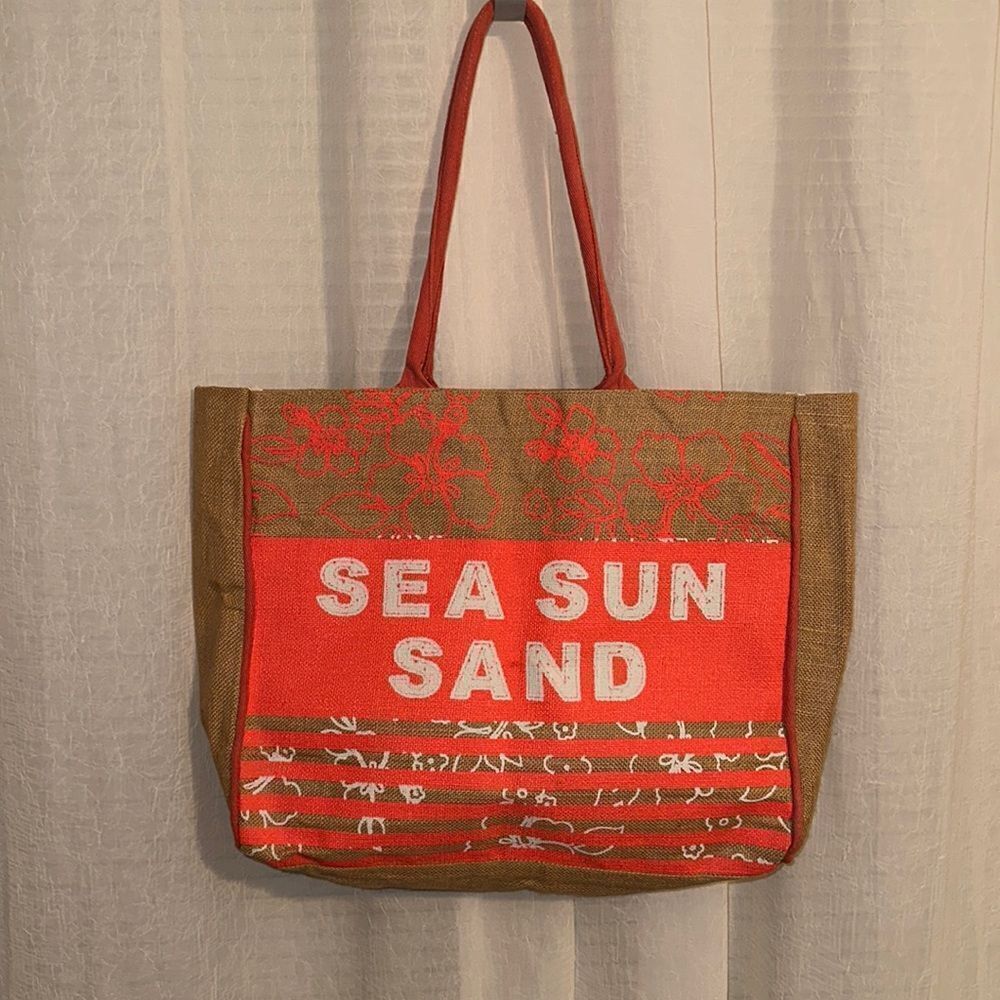 Mona B. Sea Sun Sand Sandy Brown Coral Pink White Large Burlap Beach Tote